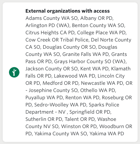 Screenshot showing the list of external agencies that have direct access to Eugene's Flock surveillance system.