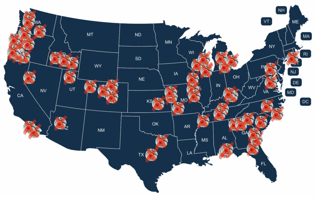 Map of the contiguous US with eyeball logos on each of the locations Springfield shares data with.